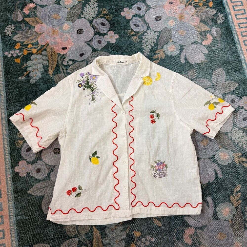 In Loom Embroidered Shirt Button Up Strawberry Lemon Picnic Short Sleeve Scallop - Picture 11 of 13